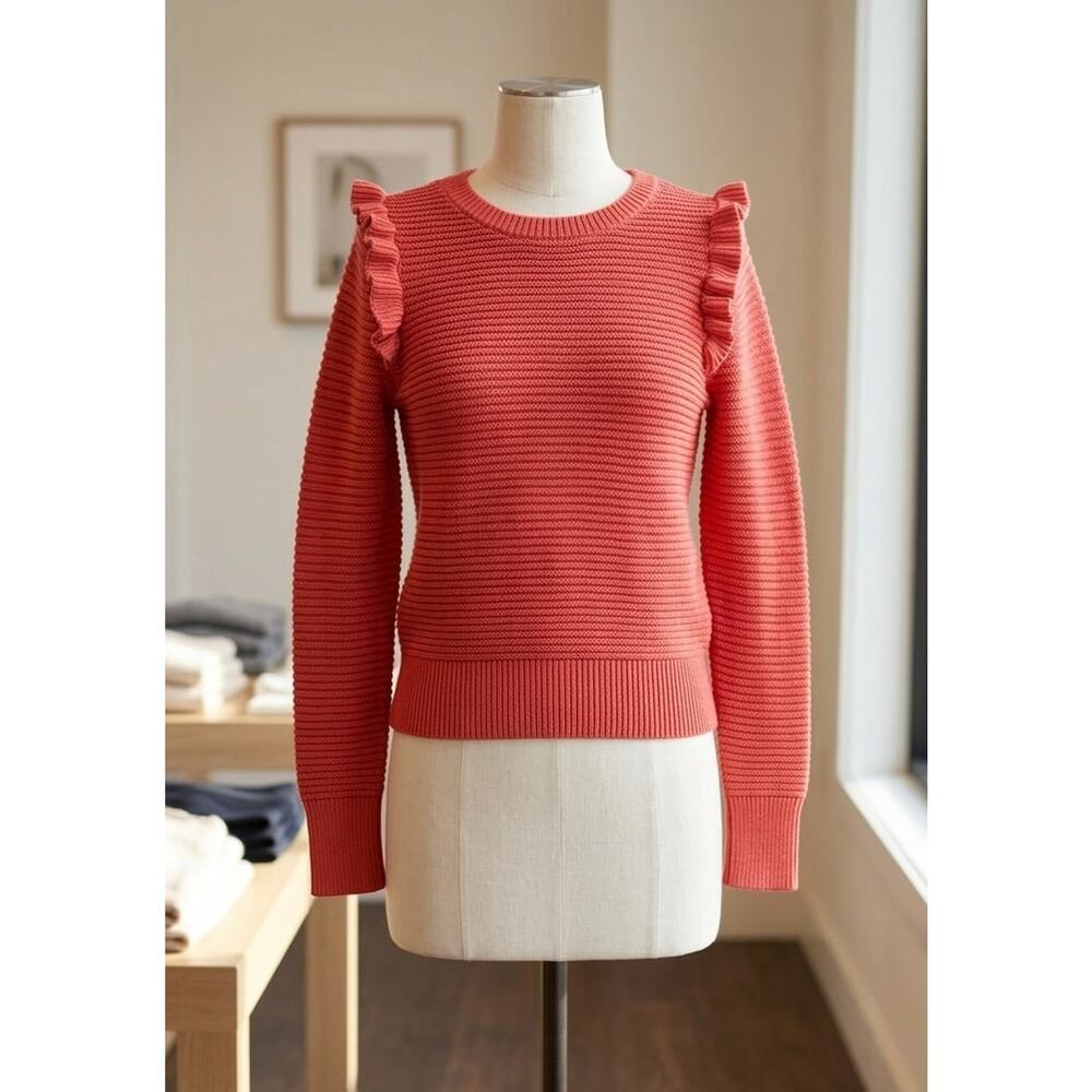 Banana Republic Med Red Ruffle Sweater Women’s Ribbed Knit Pullover Long Sleeve